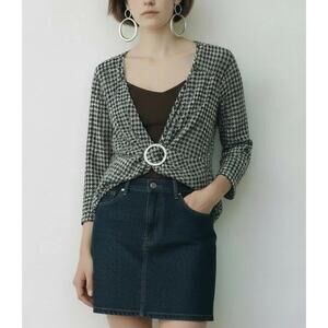 Vintage Apostrophe Office Siren Houndstooth Blouse Pleated Buckle Top Med